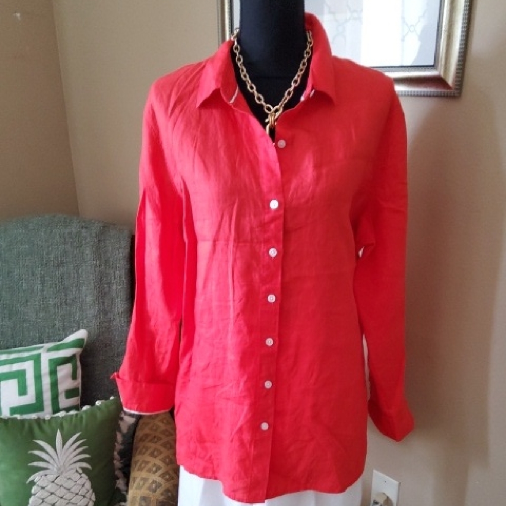 Tommy Bahama Vibrant Red Button-Down Shirt, 100% Linen.